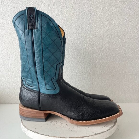 NEW Rod Patrick Mens Cowboy Boots 14A Black Ostrich Blue Top Leather Square Toe - Picture 2 of 14